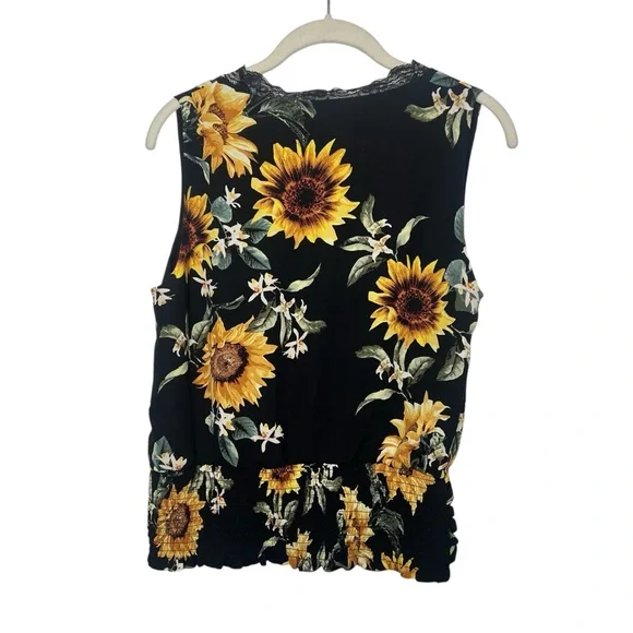 WHBM Lace Trim Surplice Sunflower Bouquet Blouse Sleeveless Black Size S NWT - Picture 7 of 10